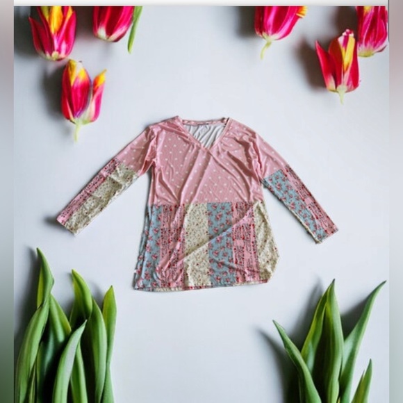 LILY by Firmiana Tunic Top Womens L Large FLORAL PINK Blue POLKA DOT Shirt - Picture 3 of 16